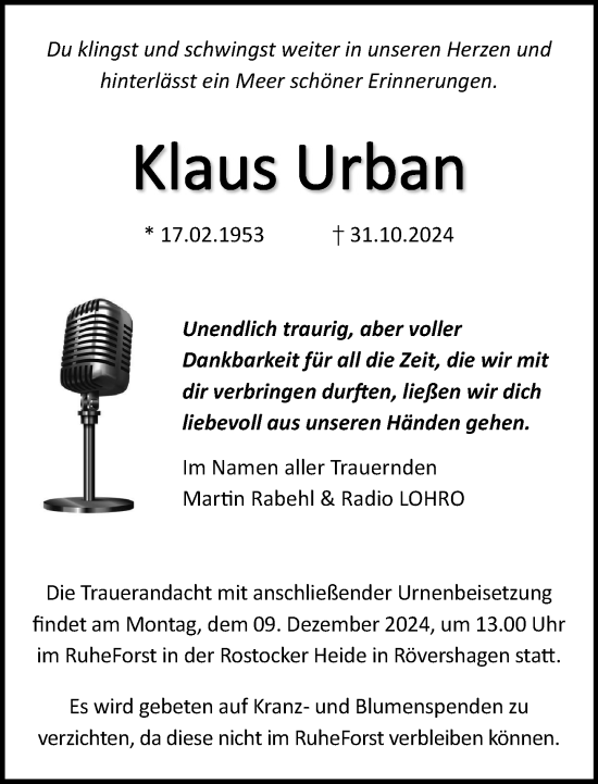 Traueranzeige von Klaus Urban von Norddeutsche Neueste Nachrichten