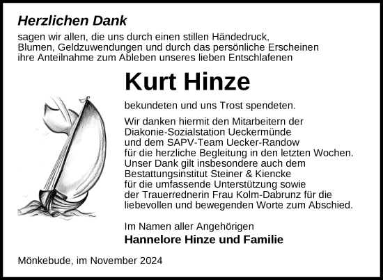 Traueranzeige von Kurt Hinze von Nordkurier Haff-Zeitung