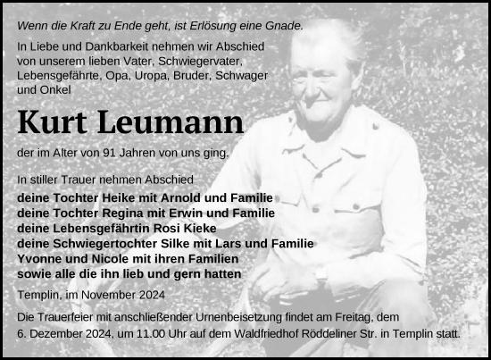 Traueranzeige von Kurt Leumann von Uckermark Kurier Templiner Zeitung