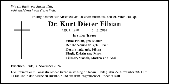 Traueranzeige von Kurt Dieter Fibian von Norddeutsche Neueste Nachrichten