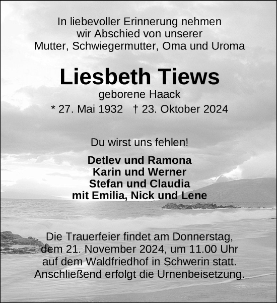 Traueranzeige von Liesbeth Tiews von Zeitung für die Landeshauptstadt