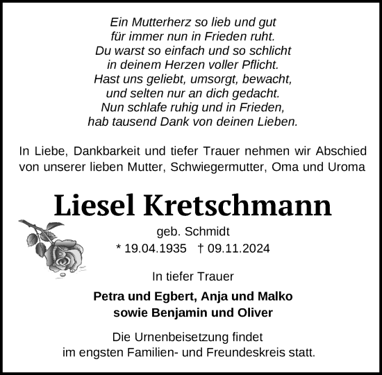 Traueranzeige von Liesel Kretschmann von Güstrow und Bützow