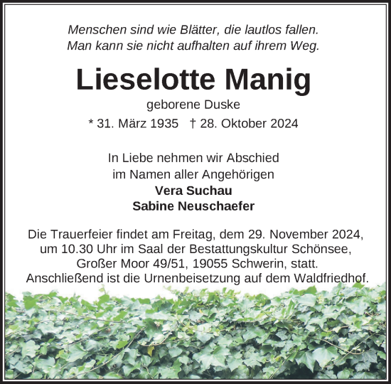 Traueranzeige von Lieselotte Manig von Zeitung für die Landeshauptstadt