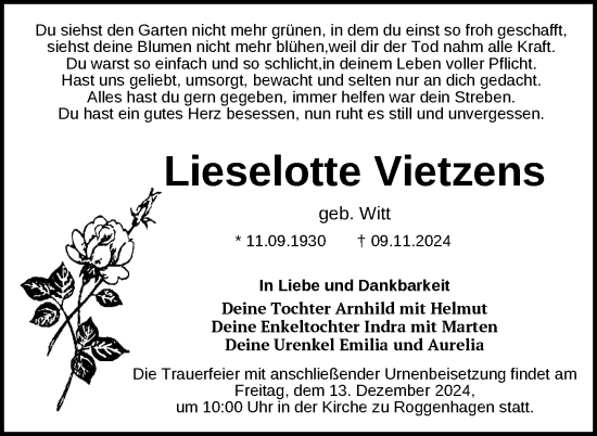 Traueranzeige von Lieselotte Vietzens von Nordkurier Neubrandenburger Zeitung