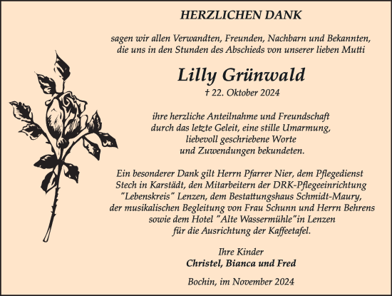 Traueranzeige von Lilly Grünwald von Ludwigsluster Tageblatt