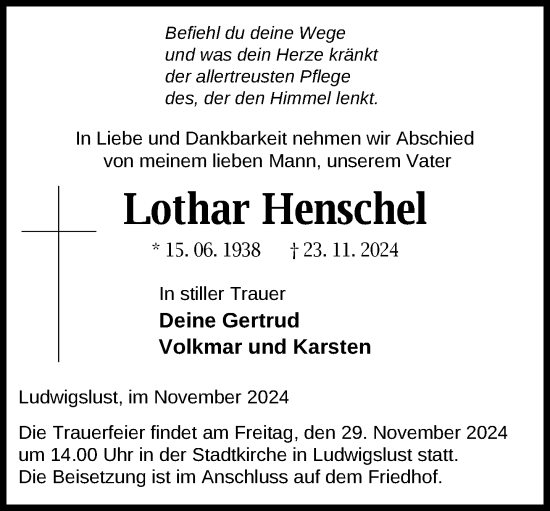 Traueranzeige von Lothar Henschel von Ludwigsluster Tageblatt