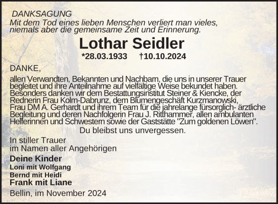 Traueranzeige von Lothar Seidler von Nordkurier Haff-Zeitung