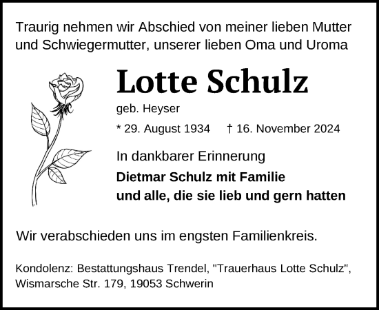 Traueranzeige von Lotte Schulz von Zeitung für die Landeshauptstadt