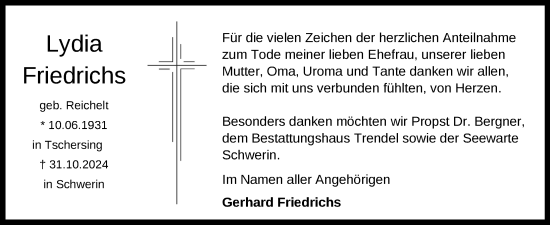 Traueranzeige von Lydia Friedrichs von Zeitung für die Landeshauptstadt