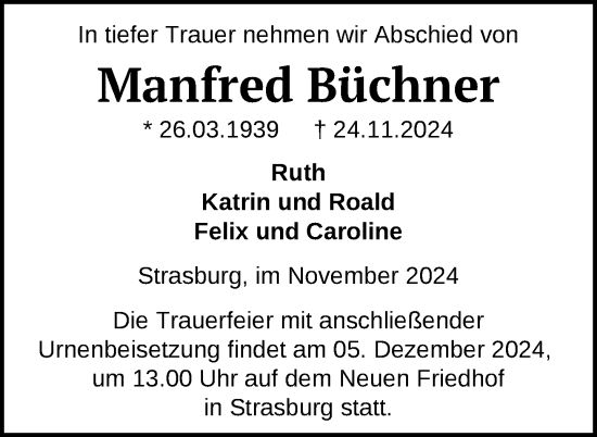 Traueranzeige von Manfred Büchner von Nordkurier Pasewalker Zeitung