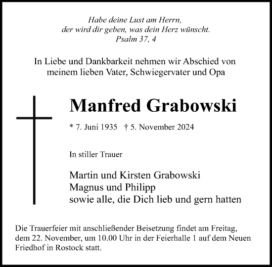 Traueranzeige von Manfred Grabowski von Norddeutsche Neueste Nachrichten