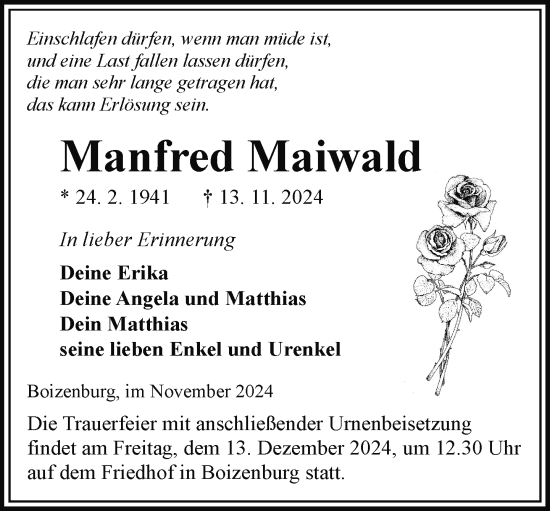 Traueranzeige von Manfred Maiwald von Hagenower Kreisblatt