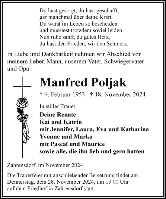 Traueranzeige von Manfred Poljak von Hagenower Kreisblatt