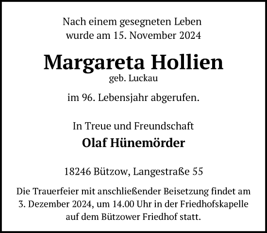 Traueranzeige von Margareta Hollien von Güstrow und Bützow