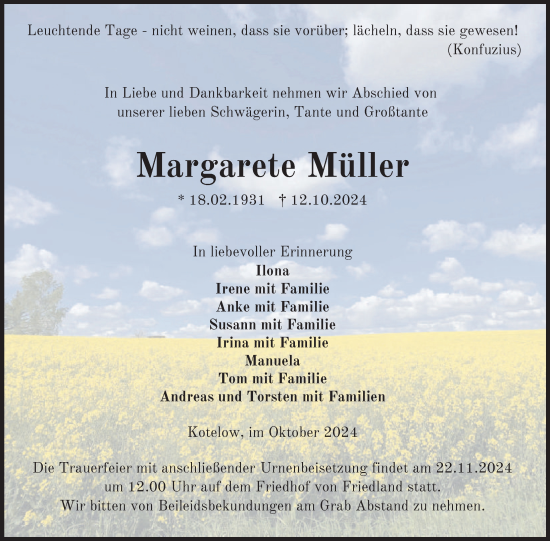 Traueranzeige von Margarete Müller von Nordkurier Müritz-Zeitung