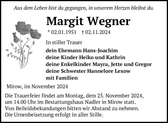 Traueranzeige von Margit Wegner von Nordkurier Strelitzer Zeitung