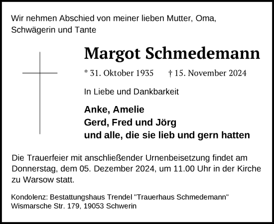 Traueranzeige von Margot Schmedemann von Zeitung für die Landeshauptstadt