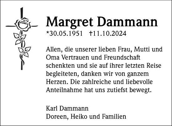 Traueranzeige von Margret Dammann von Gadebusch - Rehnaer Zeitung