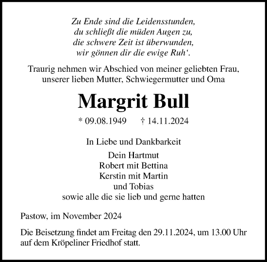 Traueranzeige von Margrit Bull von Norddeutsche Neueste Nachrichten