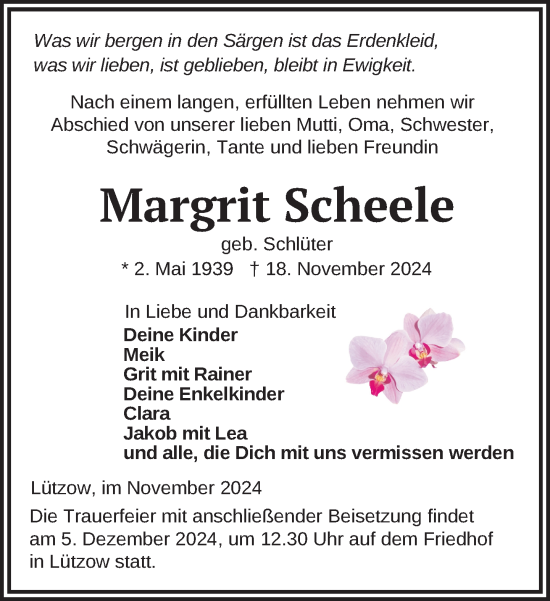 Traueranzeige von Margrit Scheele von Gadebusch - Rehnaer Zeitung