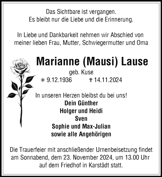 Traueranzeige von Marianne Lause von Der Prignitzer, Prignitz Express