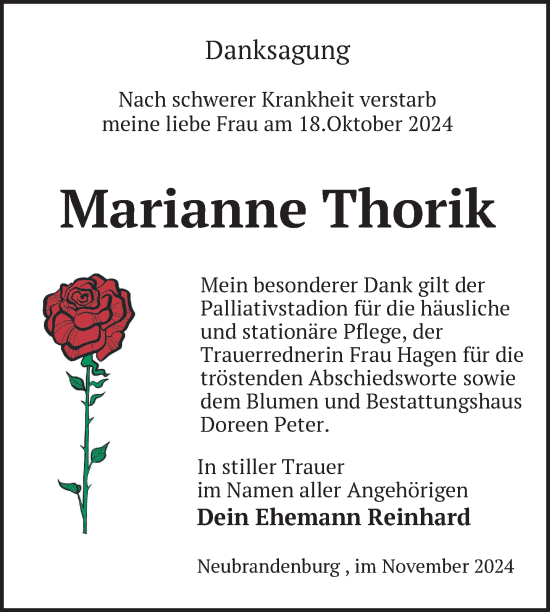 Traueranzeige von Marianne Thorik von Nordkurier Neubrandenburger Zeitung