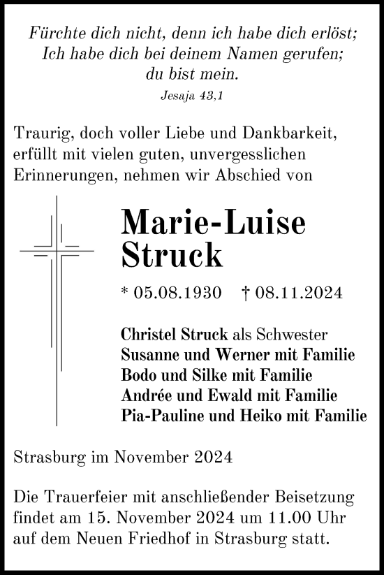 Traueranzeige von Marie-Luise Struck von Nordkurier Pasewalker Zeitung