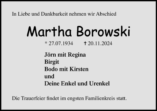 Traueranzeige von Martha Borowski von Norddeutsche Neueste Nachrichten