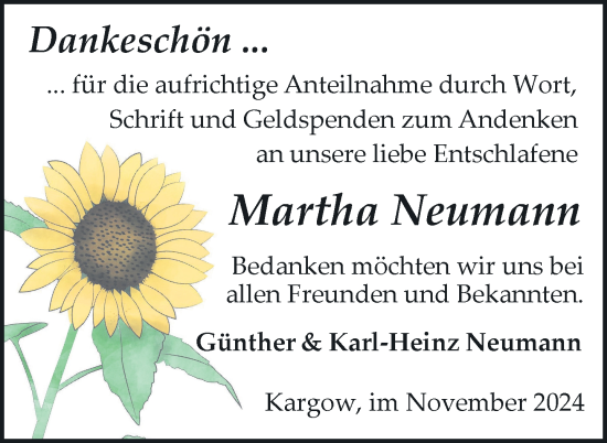 Traueranzeige von Martha Neumann von Nordkurier Müritz-Zeitung