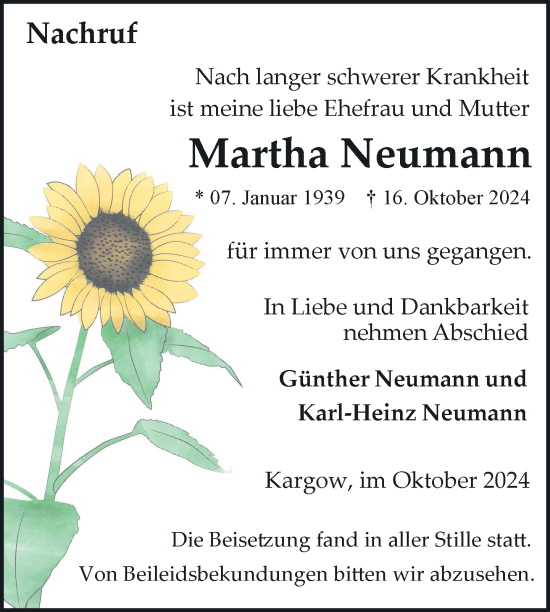 Traueranzeige von Martha Neumann von Nordkurier Müritz-Zeitung