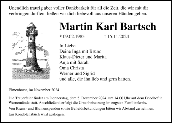 Traueranzeige von Martin Karl Bartsch von Norddeutsche Neueste Nachrichten