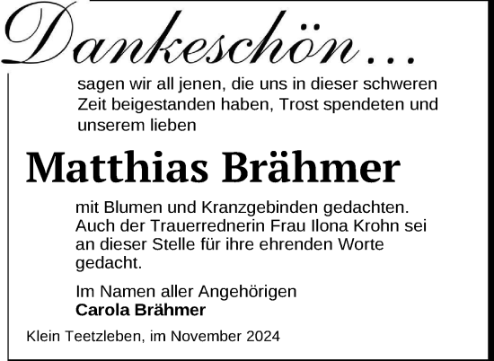 Traueranzeige von Matthias Brähmer von Nordkurier Neubrandenburger Zeitung