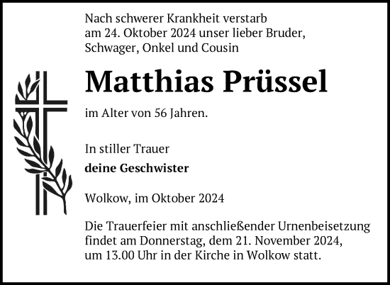 Traueranzeige von Matthias Prüssel von Nordkurier Grosso