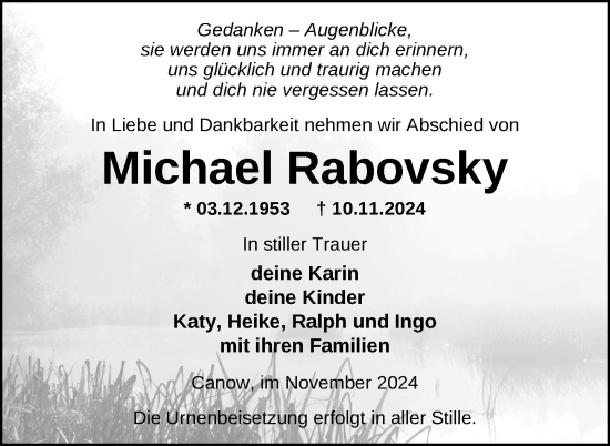 Traueranzeige von Michael Rabovsky von Nordkurier Strelitzer Zeitung