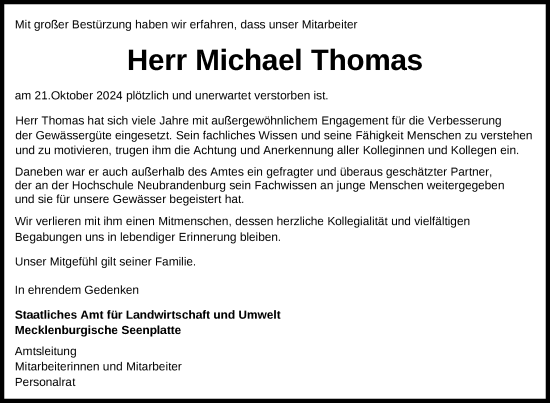 Traueranzeige von Michael Thomas von Nordkurier Neubrandenburger Zeitung