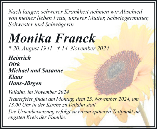 Traueranzeige von Monika Franck von Hagenower Kreisblatt