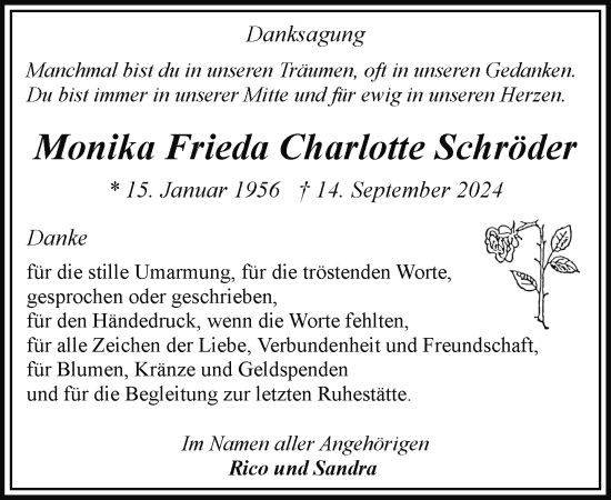 Traueranzeige von Monika Frieda Charlotte Schröder von Hagenower Kreisblatt