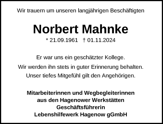 Traueranzeige von Norbert Mahnke von Hagenower Kreisblatt