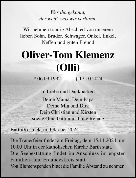 Traueranzeige von Oliver-Tom Klemenz von Norddeutsche Neueste Nachrichten