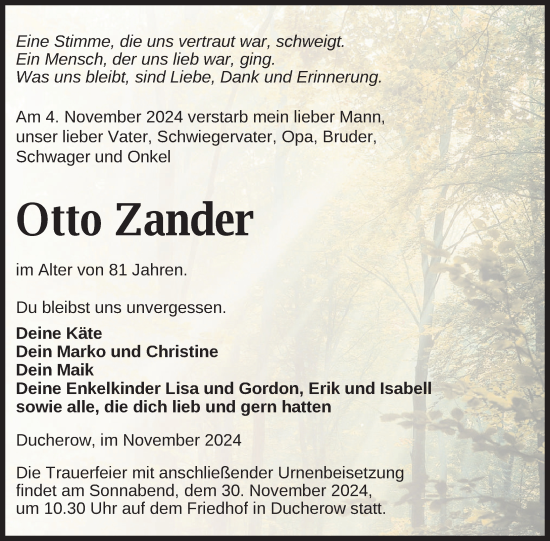 Traueranzeige von Otto Zander von Nordkurier Vorpommern Kurier