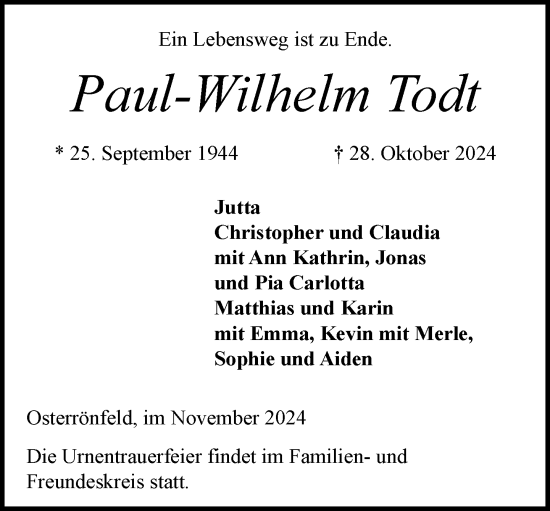 Traueranzeige von Paul-Wilhelm Todt von Zeitung für die Landeshauptstadt