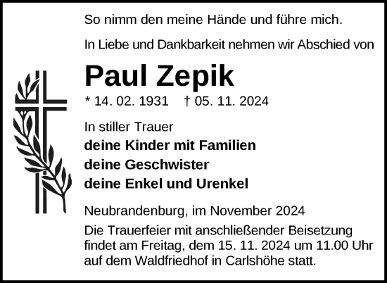 Traueranzeige von Paul Zepik von Nordkurier Neubrandenburger Zeitung