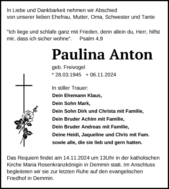 Traueranzeige von Paulina Anton von Nordkurier Demminer Zeitung