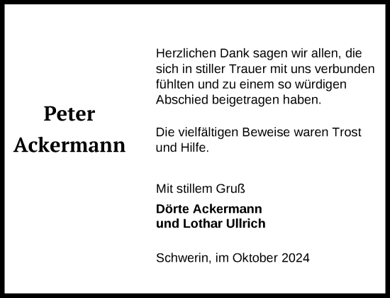 Traueranzeige von Peter Ackermann von Zeitung für die Landeshauptstadt