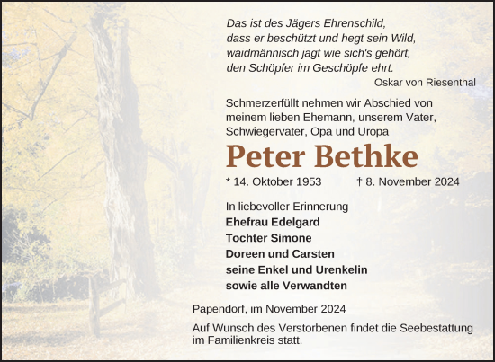 Traueranzeige von Peter Bethke von Nordkurier Pasewalker Zeitung