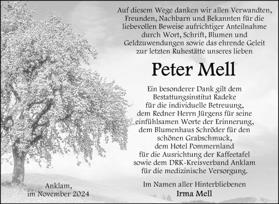 Traueranzeige von Peter Mell von Nordkurier Vorpommern Kurier