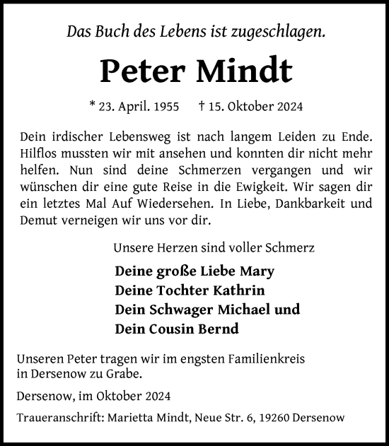 Traueranzeige von Peter Mindt von Hagenower Kreisblatt