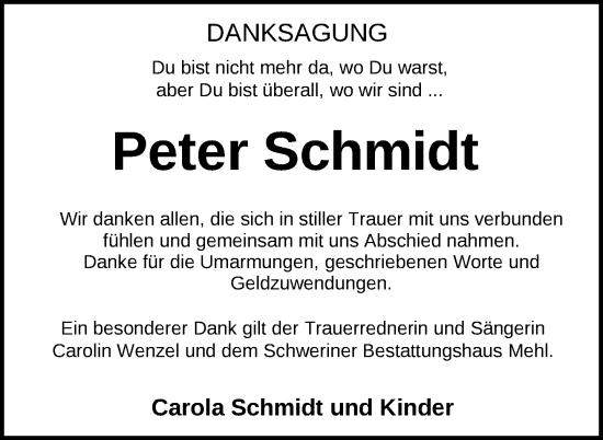 Traueranzeige von Peter Schmidt von Zeitung für die Landeshauptstadt