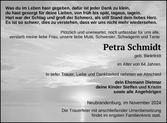 Traueranzeige von Petra Schmidt von Nordkurier Neubrandenburger Zeitung