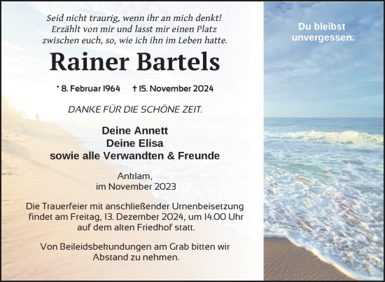 Traueranzeige von Rainer Bartels von Nordkurier Vorpommern Kurier